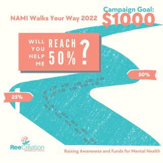 In less than two months I will be participating in my first ever NAMI Walks event. I'm really excited to be part of this cause that will raise awareness around Mental Health.⁠
⁠
Right now I'm so close to reaching 50% of my goal. If I could get 3 people to donate even $10 that would help a great deal in bringing me closer to my goal and help make mental health care and support accessible to everyone in the community.⁠
⁠
Will you help? You can go to my campaign page (see link in bio) to donate.⁠
.⁠
.⁠
.⁠
.⁠
#NamiWalks2022 #NamiWalksSiliconValley #NamiWalksYourWay #MentalHealthCareForAll #BreakTheStigma #MinorityMentalHealthMonth #FaithAndMentalHealth #MentalHealthAwareness #Depression #Anxiety #ChristianMentalHealth #HealingJourney #HopeForNewBeginnings #ThereIsAlwaysHope #MentalEmotionalSpiritualWellness #MentalHealthMatters #LifeWithPurpose #IdentityInChrist #DreamCreateInspire #ReeCreationMinistries #ChristianLiving #ChristianEncouragement #ChristianInspiration #FaithJourney #FaithInspired  #FaithWriters